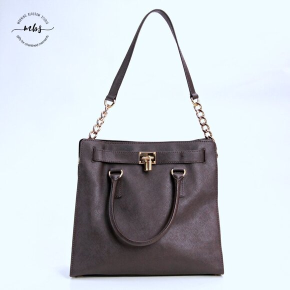 Michael Kors Hamilton Saffiano Chain Leather Brown Gold Shoulder Tote Bag Duster - Picture 6 of 16